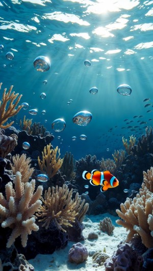 Aquatic Serenity: Sunlit Reef & Rising Bubbles
